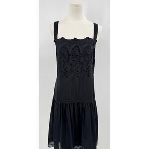 Ann Taylor Black Sleeveless Drop Waist Dress Embroidered Cotton Silk Eyelet 14